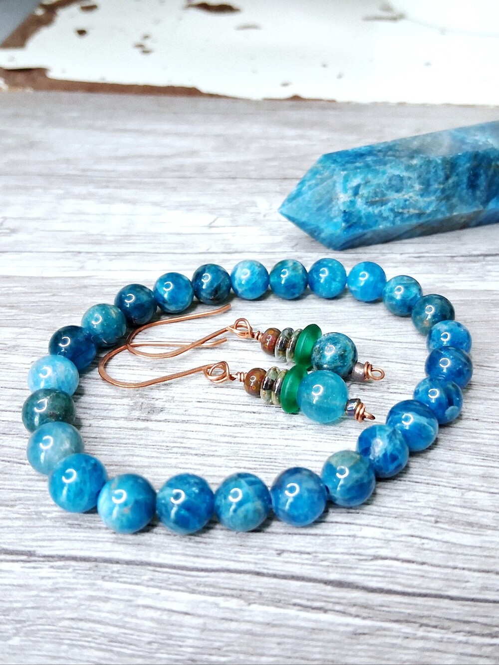 Blue Apatite 3 Piece Set, Crystal Tower, Earrings, Bracelet